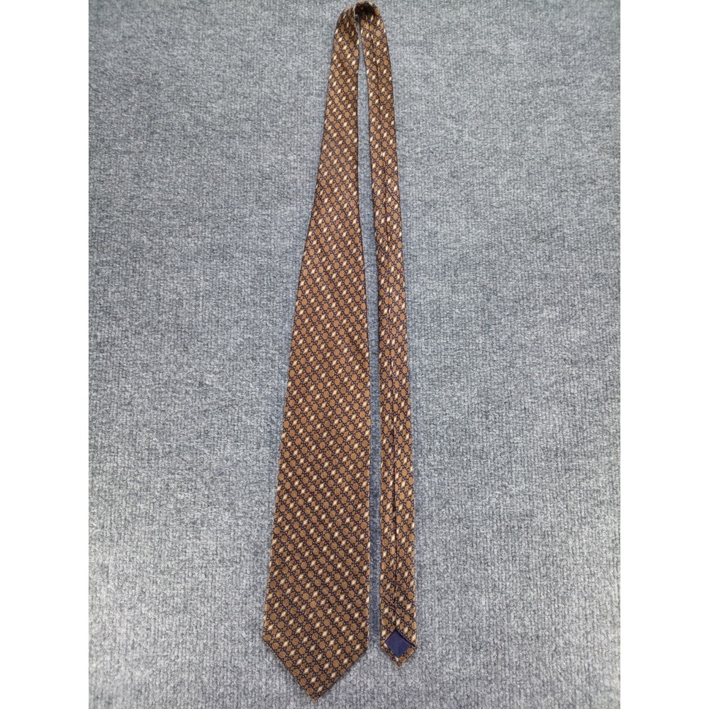 Tied & True Men's Silk Necktie Brown Blue Geometric Diamond Pattern Made Korea